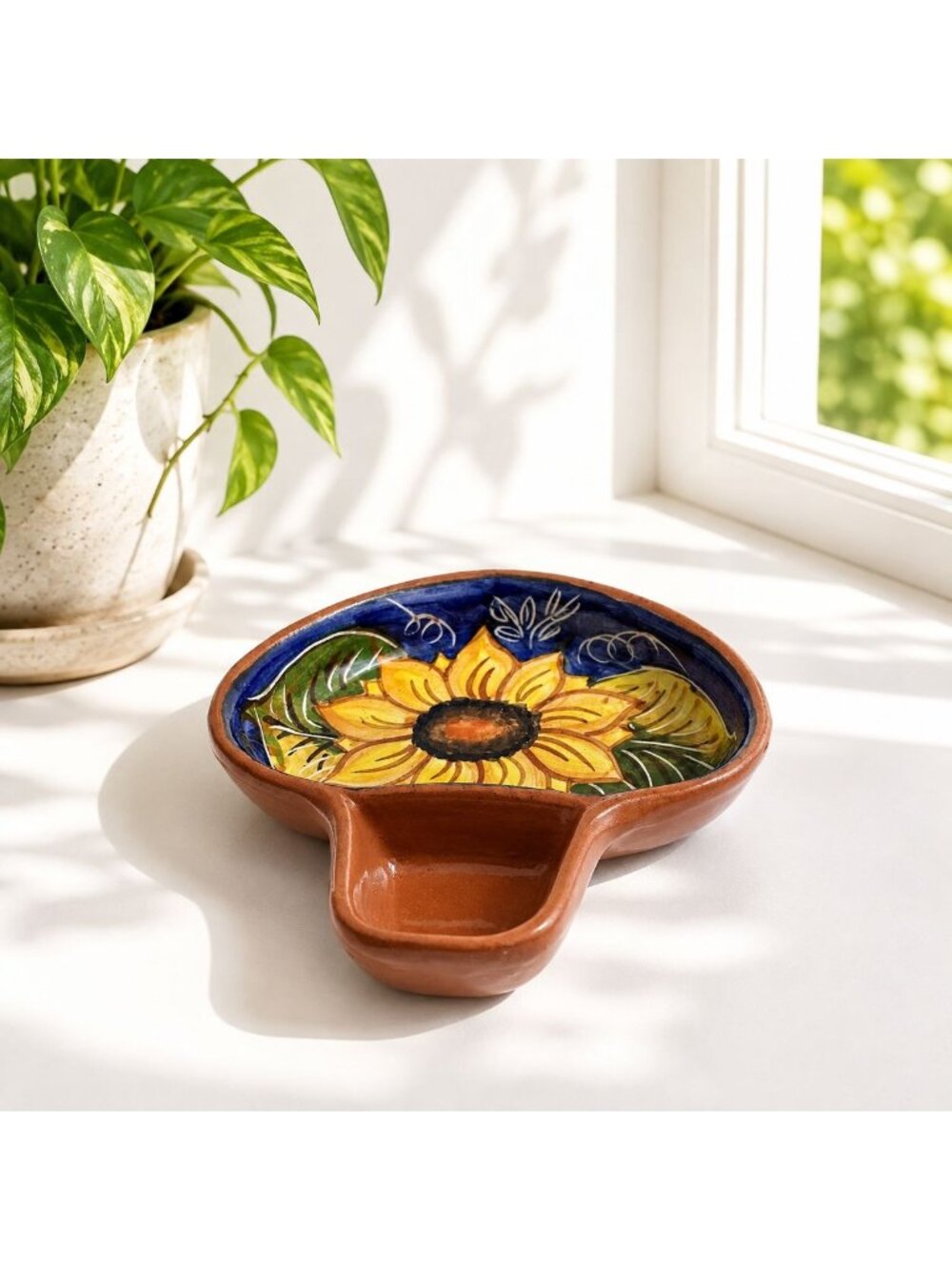 Hand-Painted Ceramic Sunflower Spoon Rest With Handle - Vintage Portugal Pottery
